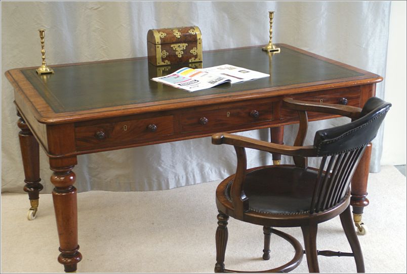 3050 Antique Victorian Mahogany Six Drawer Library Table & Chair 9060